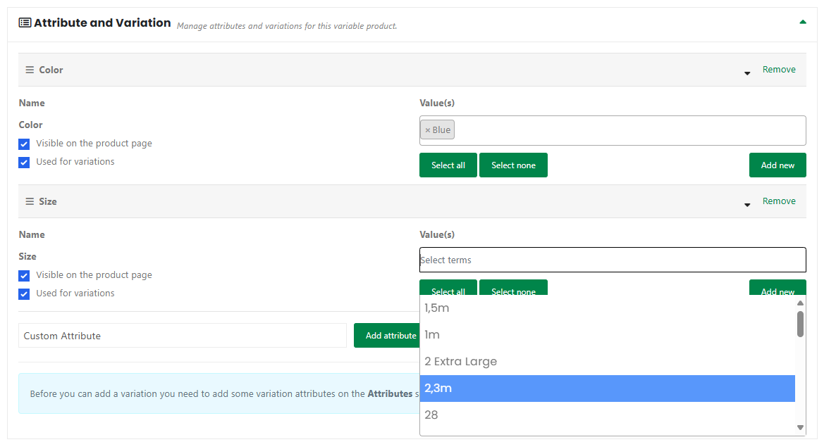 Colour and Size attributes added and marked used for variations
