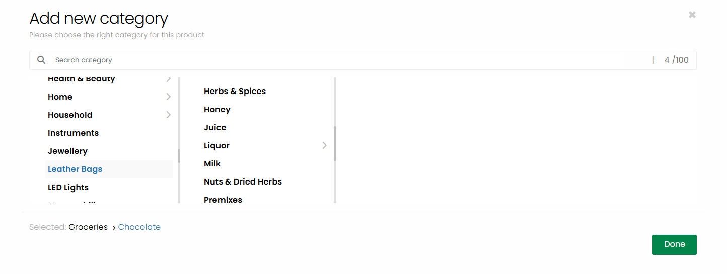 The product category selector panel