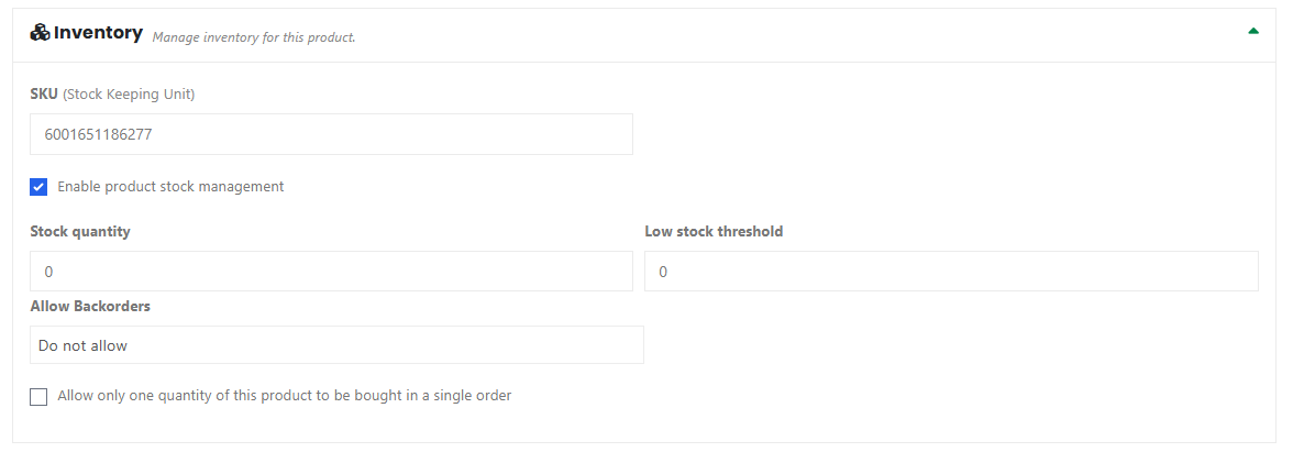 The Inventory section with stock management enabled