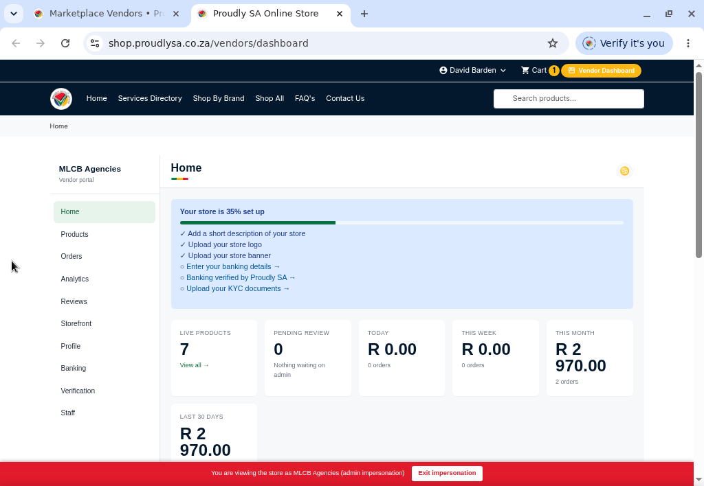 The vendor dashboard home screen with balance and performance metrics
