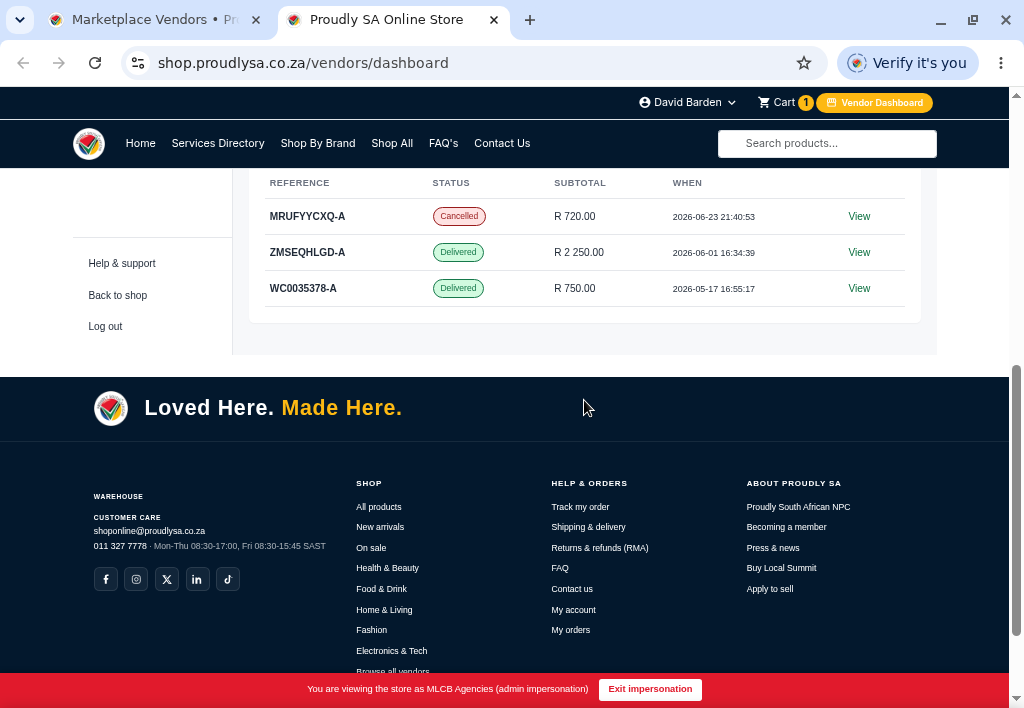 The recent orders list on the dashboard