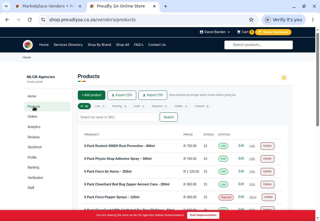 The products page showing all listings with status tabs