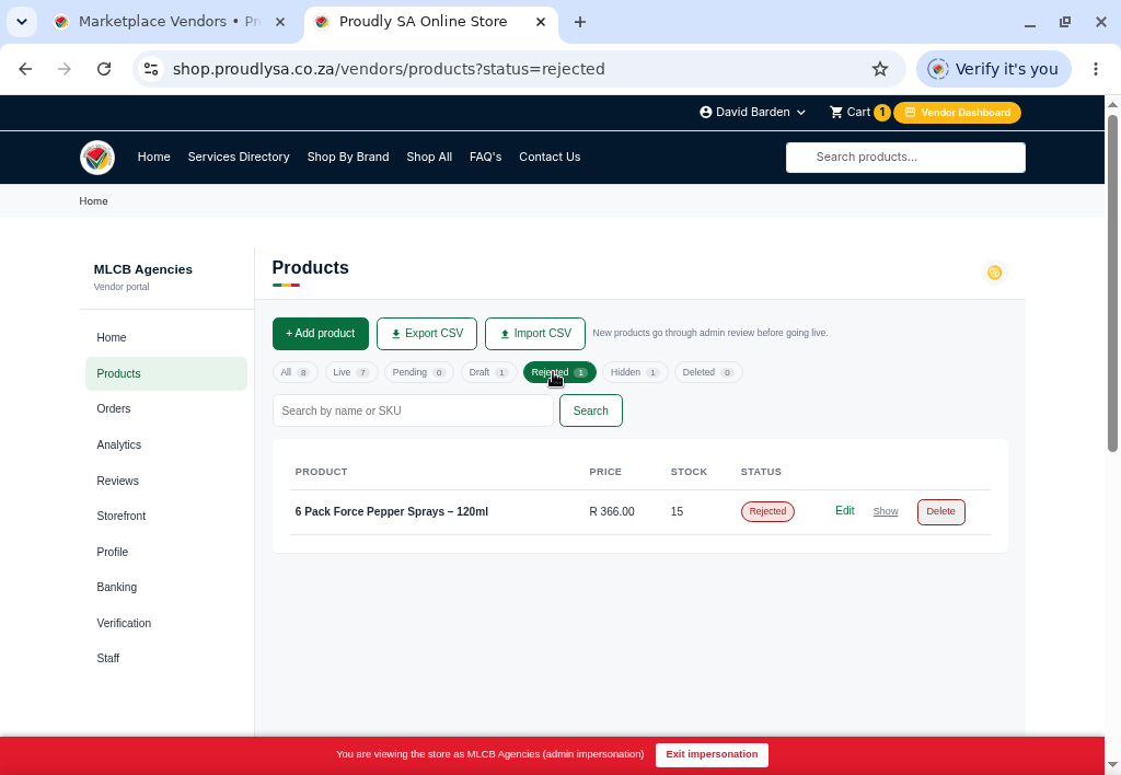 The Rejected products tab