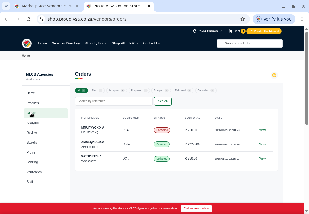The orders list view