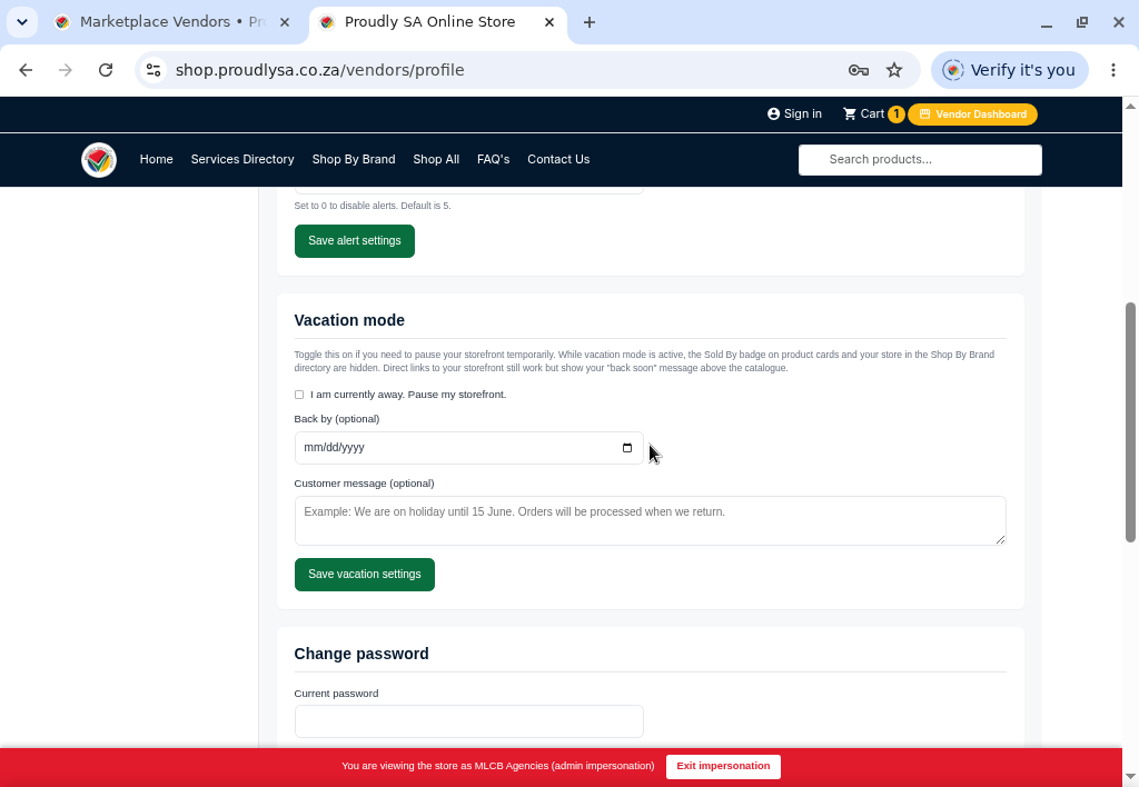 The vacation mode toggle and password settings