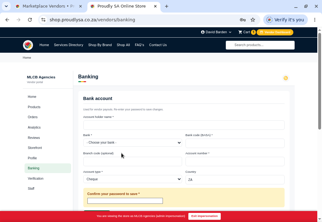 The banking details settings section