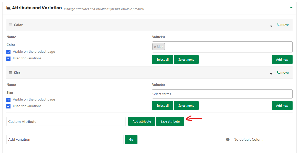 The Attribute and Variation section with the Save attribute button